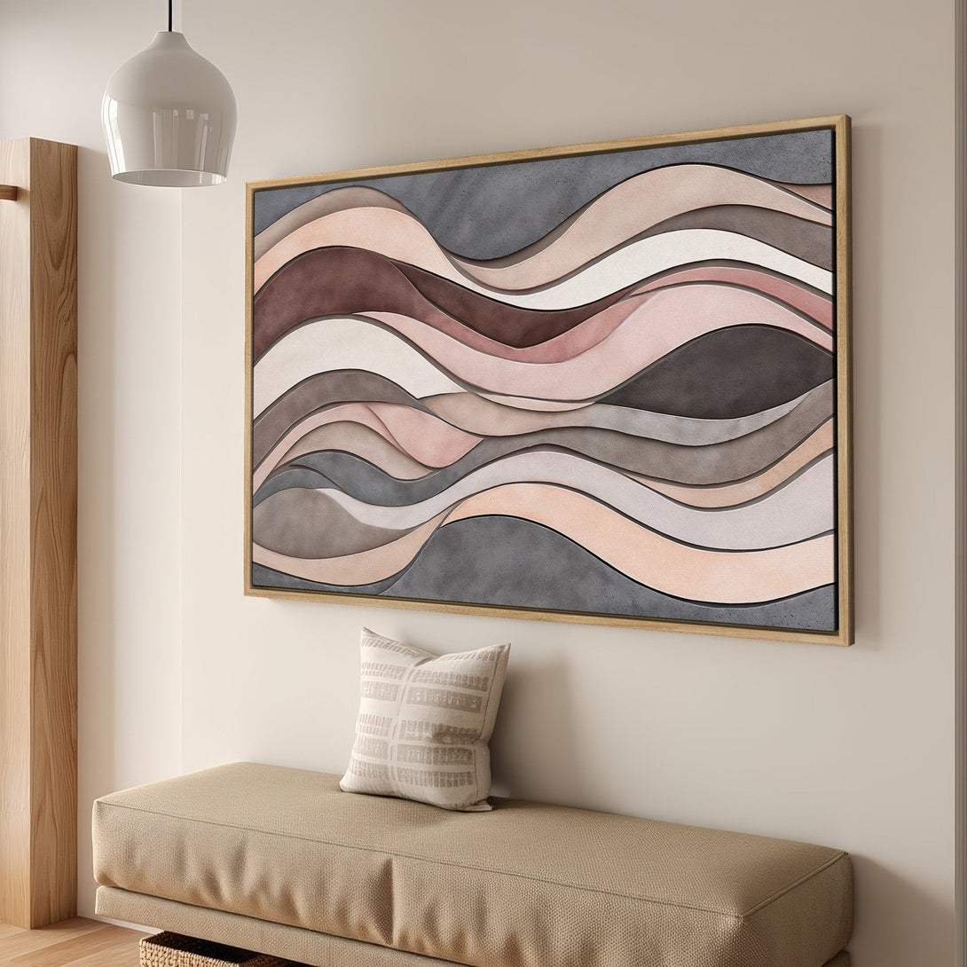 Framed Wall Art featuring abstract wave design in neutral tones. Elevate your space with this modern, stylish Canvas Print in a warm, inviting color palette.
