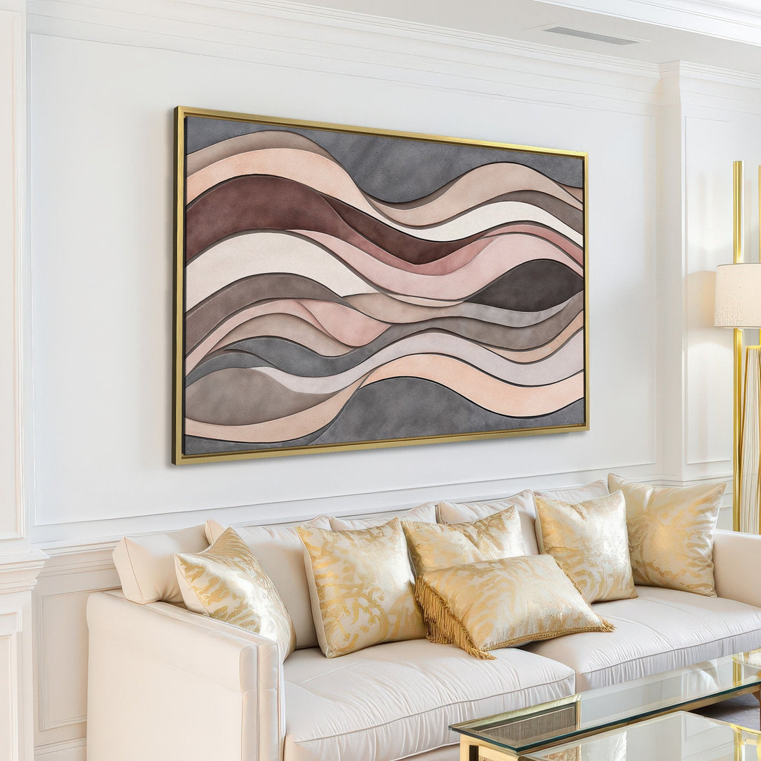 Abstract Canvas Print in neutral tones. Modern wall art with a flowing, layered design in shades of gray, beige, and brown. Perfect for home decor!