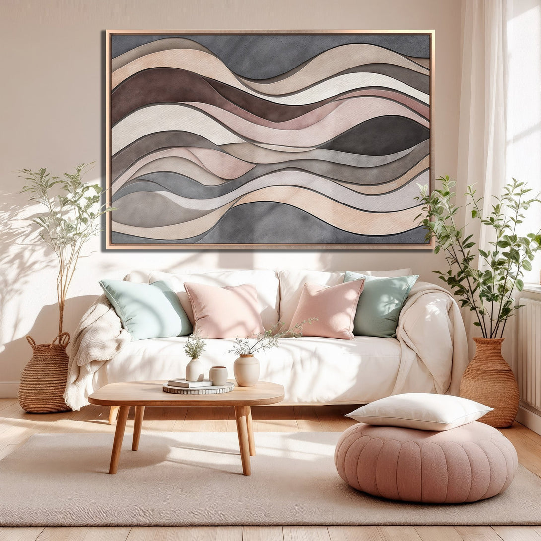 Framed Wall Art: Abstract wave design in neutral tones. Modern canvas print with a warm, inviting color palette for living room decor.