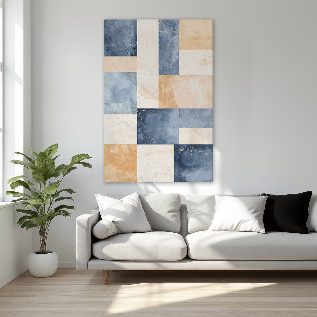Framed Wall Art: Abstract geometric design in blue, beige, and peach tones. Modern art canvas print for a stylish bedroom.