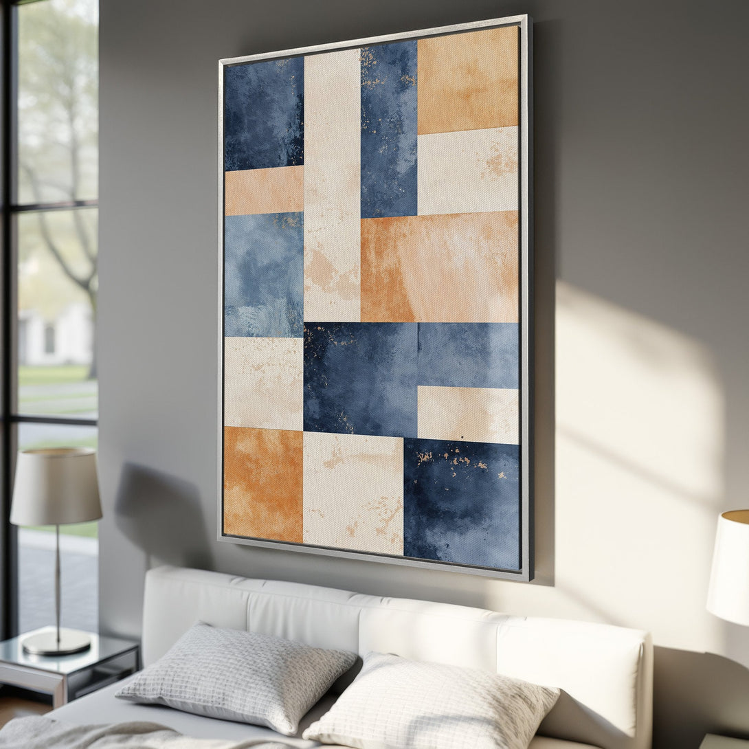 Framed Wall Art featuring an abstract geometric design in blue, beige, and orange tones. Modern art perfect for adding a pop of color to any interior.