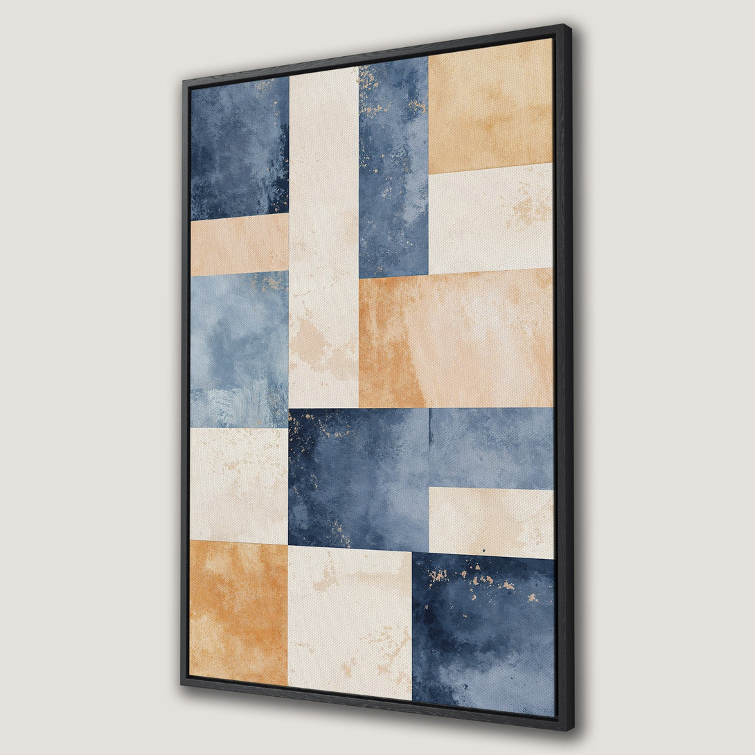 Framed Wall Art featuring an abstract geometric design in a watercolor style. The color palette includes blues, beige, and warm orange tones. Perfect for modern decor.
