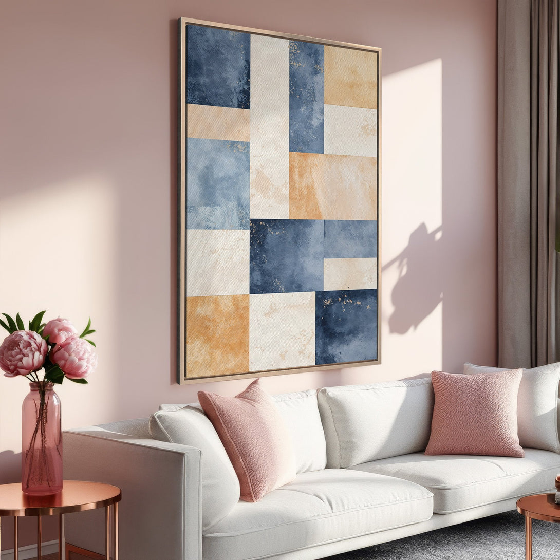 Framed Wall Art: Abstract geometric art in blue, beige, and gold tones. Modern Canvas Print adds a touch of elegance to any interior.