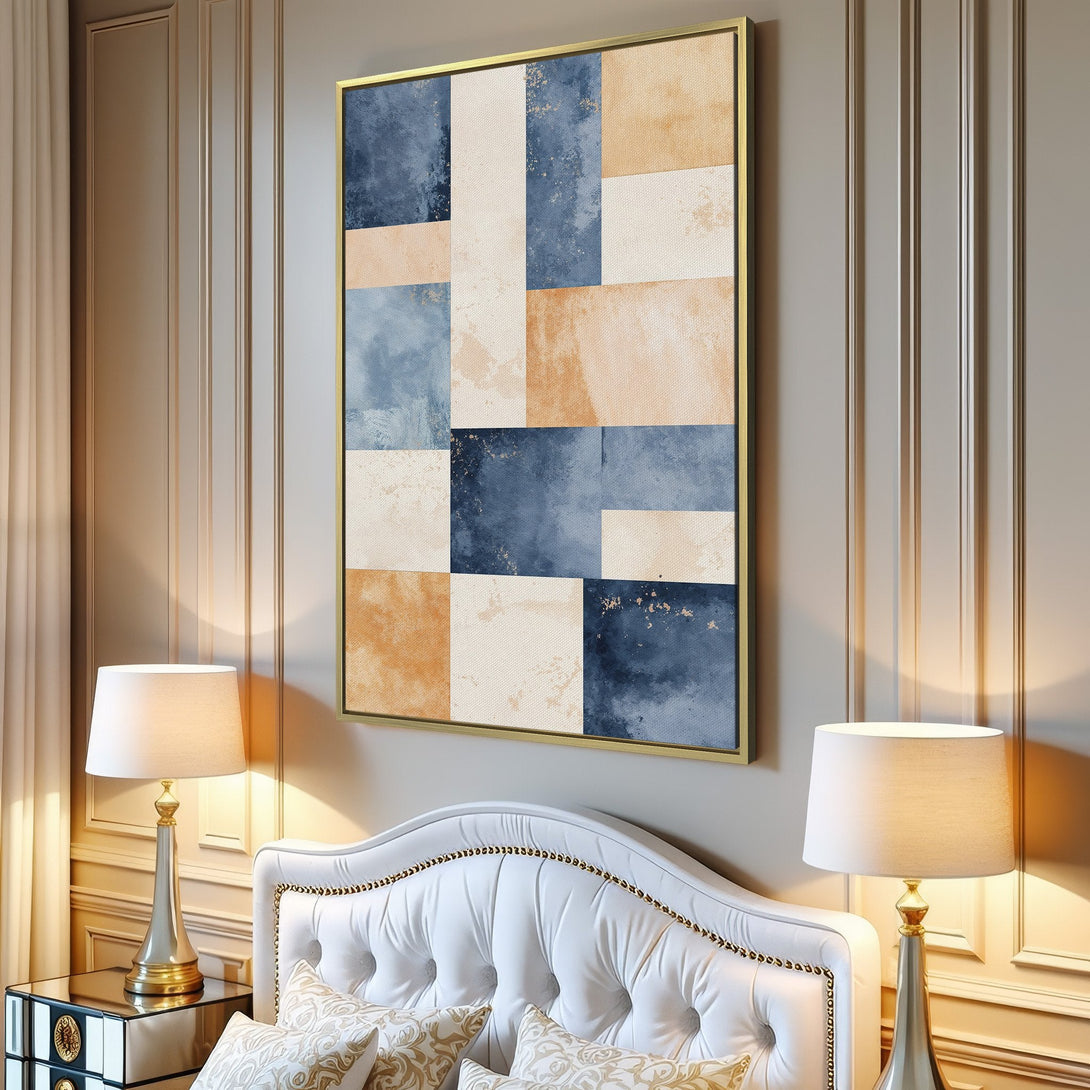 Canvas Print wall art featuring an abstract geometric design in blue, beige, and gold. Modern style for a stylish living room.