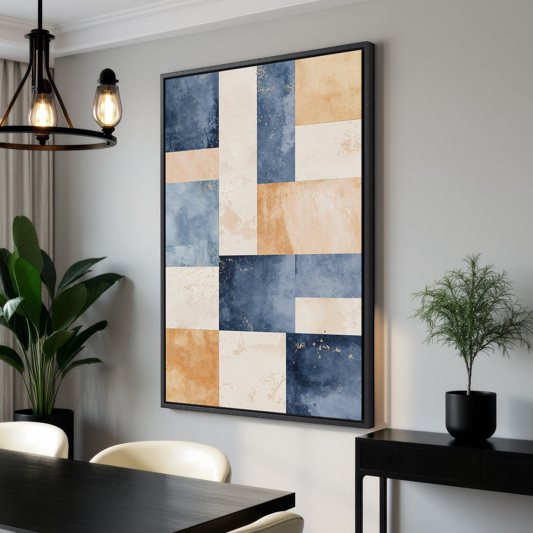 Framed Wall Art: Abstract geometric design in blue, beige, and gold tones. Modern Canvas Print for living room or dining room decor. Shop now!