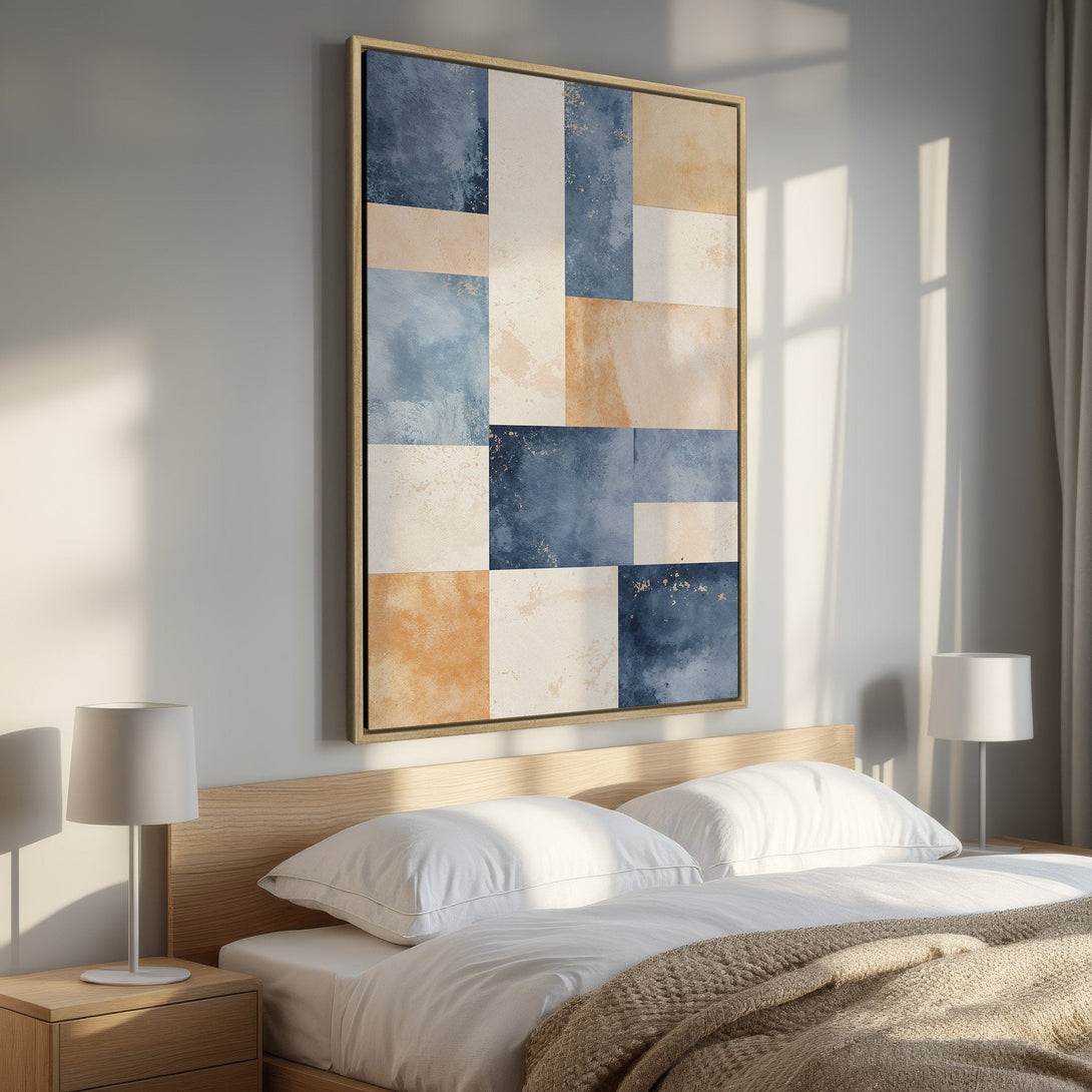 Framed Wall Art: Abstract geometric design in blue, beige, and gold. Modern canvas print adds a touch of elegance to any bedroom decor. Shop now!