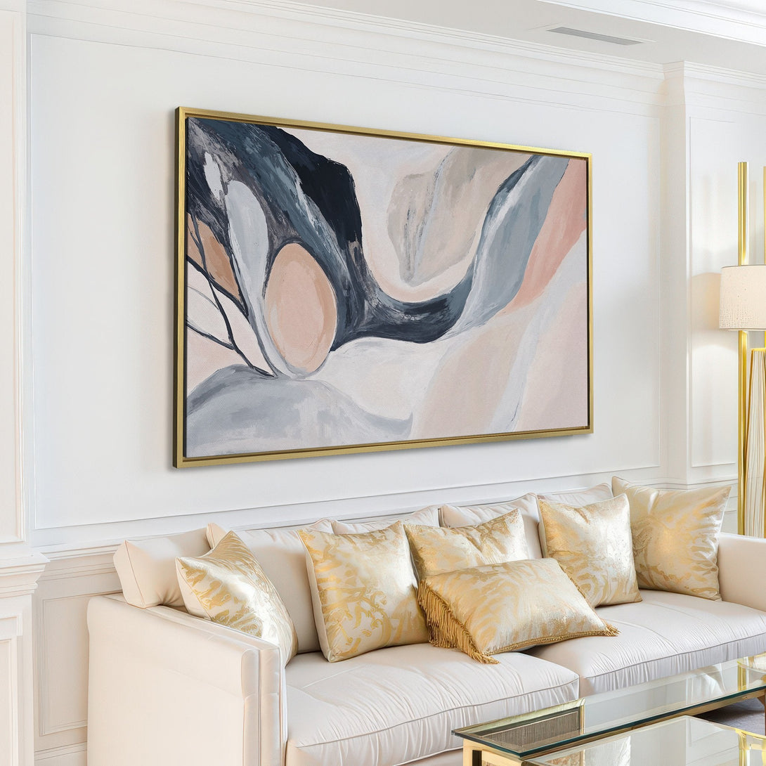 Abstract Canvas Print in neutral tones of gray, beige, and blush. Modern art adds a touch of elegance to any living room.