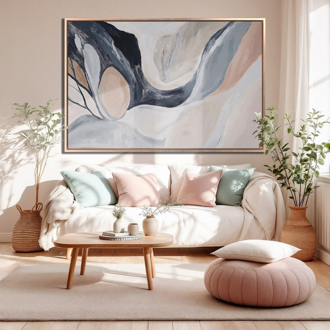 Framed Wall Art: Abstract canvas print in neutral tones. Modern art with a soft, muted color palette of beige, gray, and blush pink. Perfect for any interior.