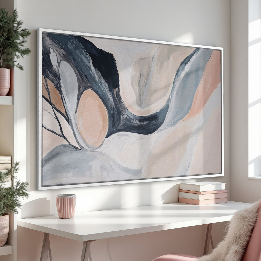 Abstract Canvas Print in neutral tones. Modern art with a soft, flowing design in gray, blush, and beige. Perfect for minimalist decor.