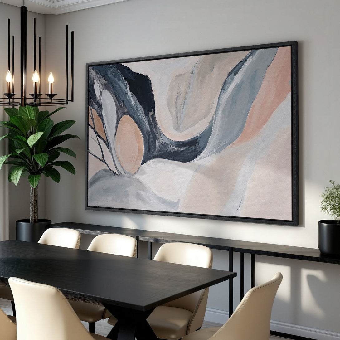 Framed Wall Art: Abstract canvas print in neutral tones of blush, gray, and black. Modern art for dining room decor.