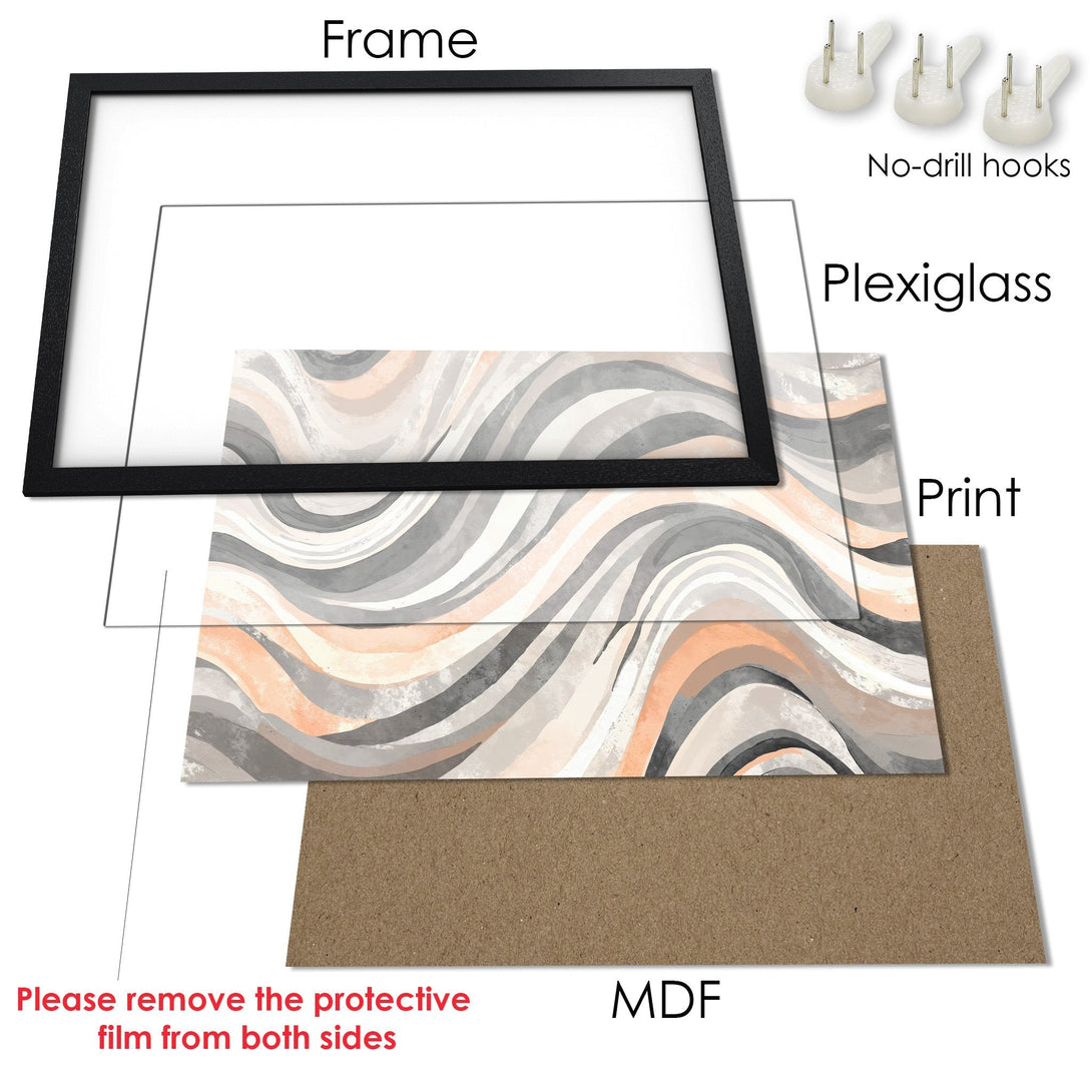 Framed Poster with abstract wave art in neutral gray, peach, and white tones. Modern wall decor.