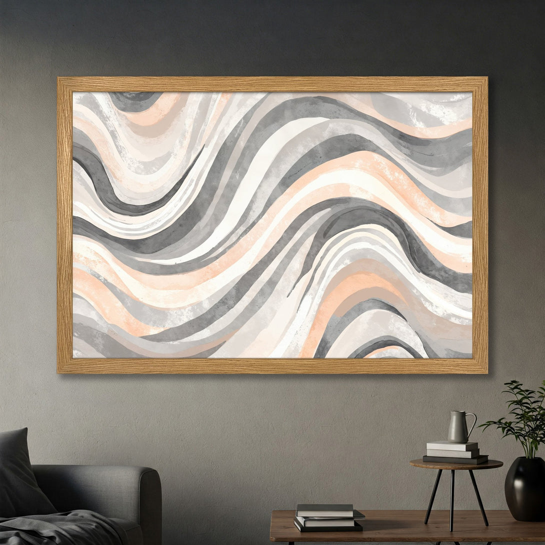 Framed Poster featuring abstract waves in neutral tones of gray, peach, and white. Modern art print for stylish home decor.
