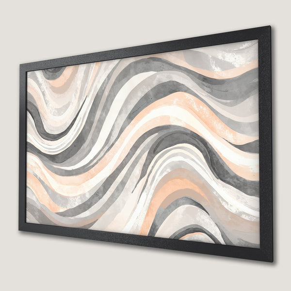 Framed Poster with abstract wave design in neutral tones of gray, peach, and white. Modern art for your home.