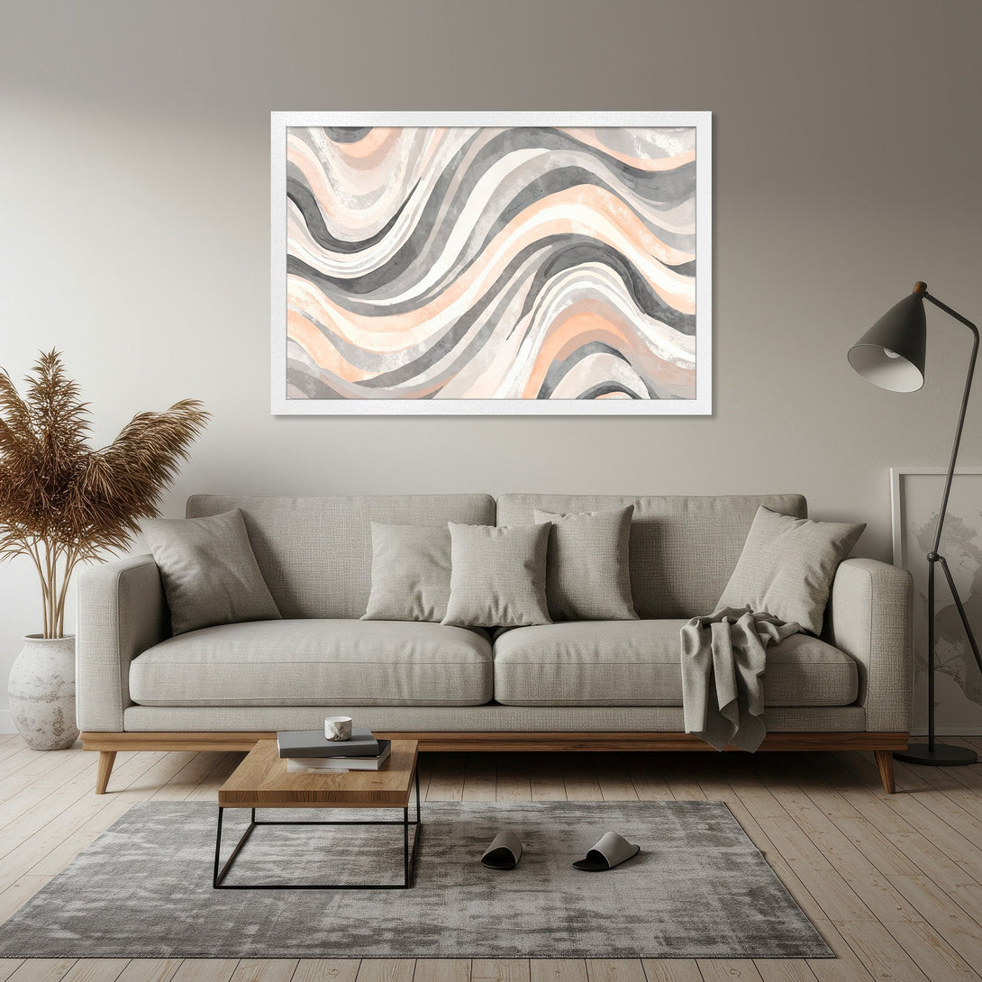 Framed Poster featuring abstract wave art in gray and peach tones, perfect for modern home decor.