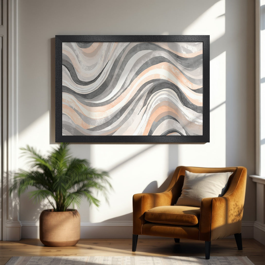 Framed Poster with abstract wave design in neutral tones. Modern art for home decor.