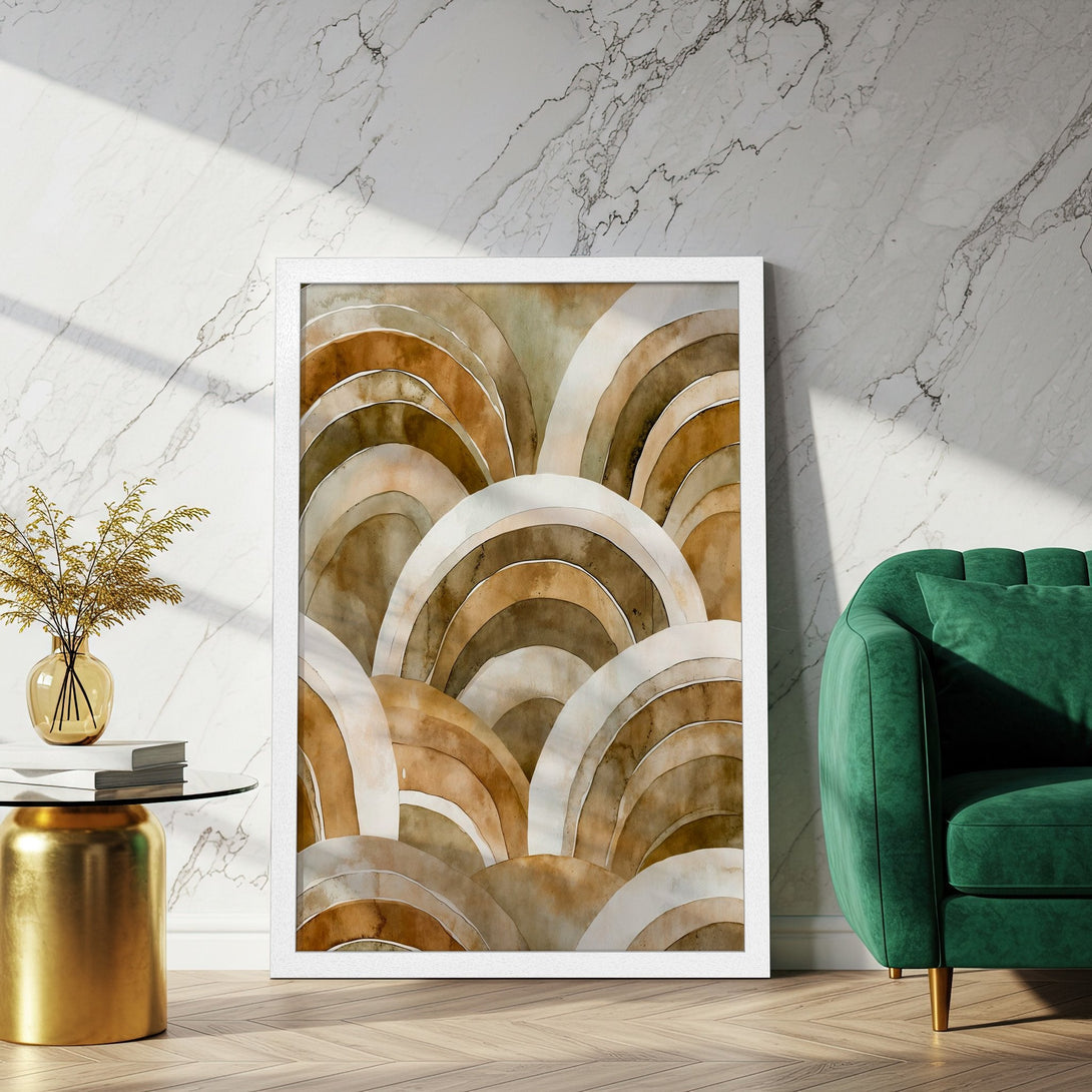 Framed Poster featuring abstract watercolor arches in earthy tones. Perfect art for modern home decor.