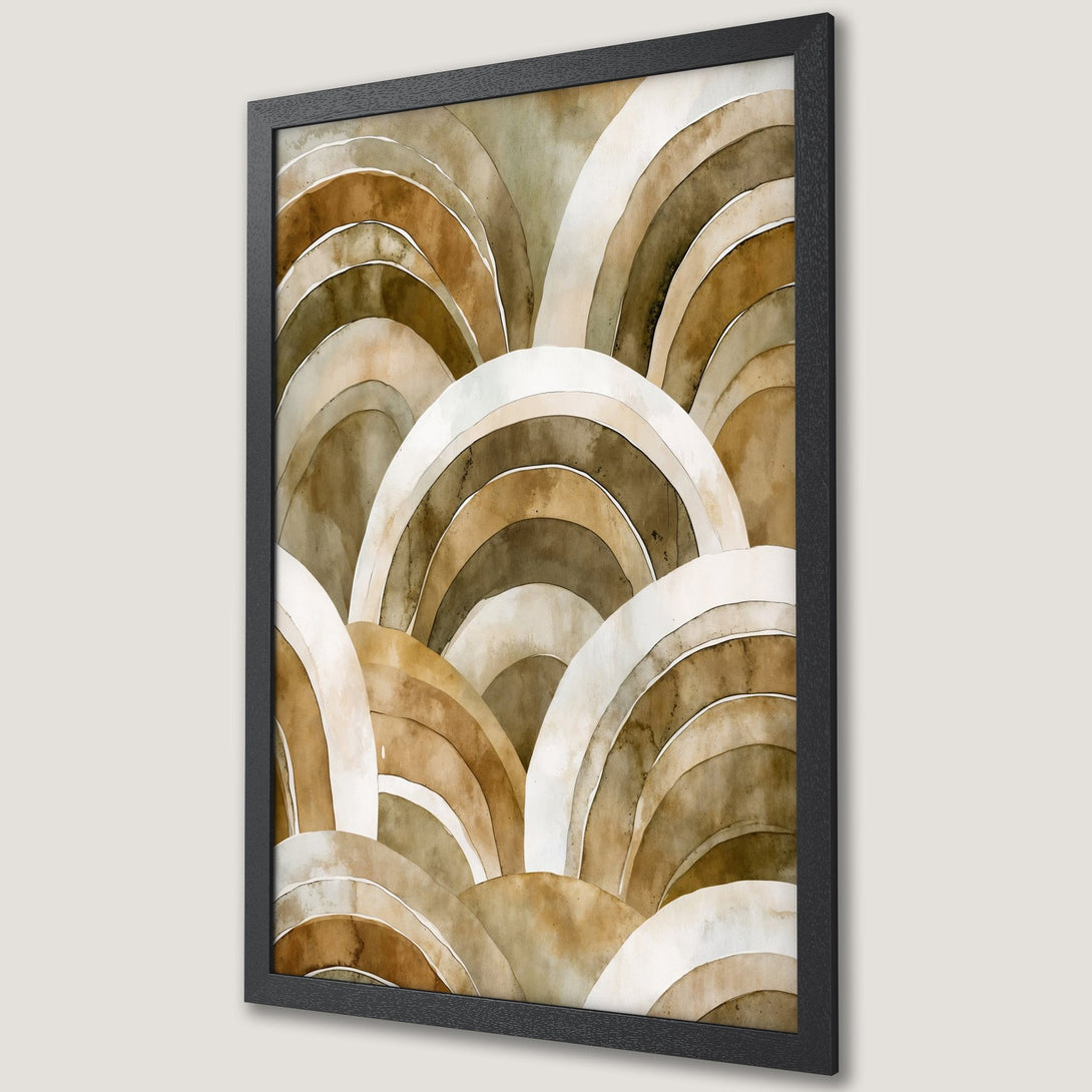 Framed Poster featuring abstract watercolor art with warm earth tones. Modern art print for home decor, perfect for adding a touch of elegance.