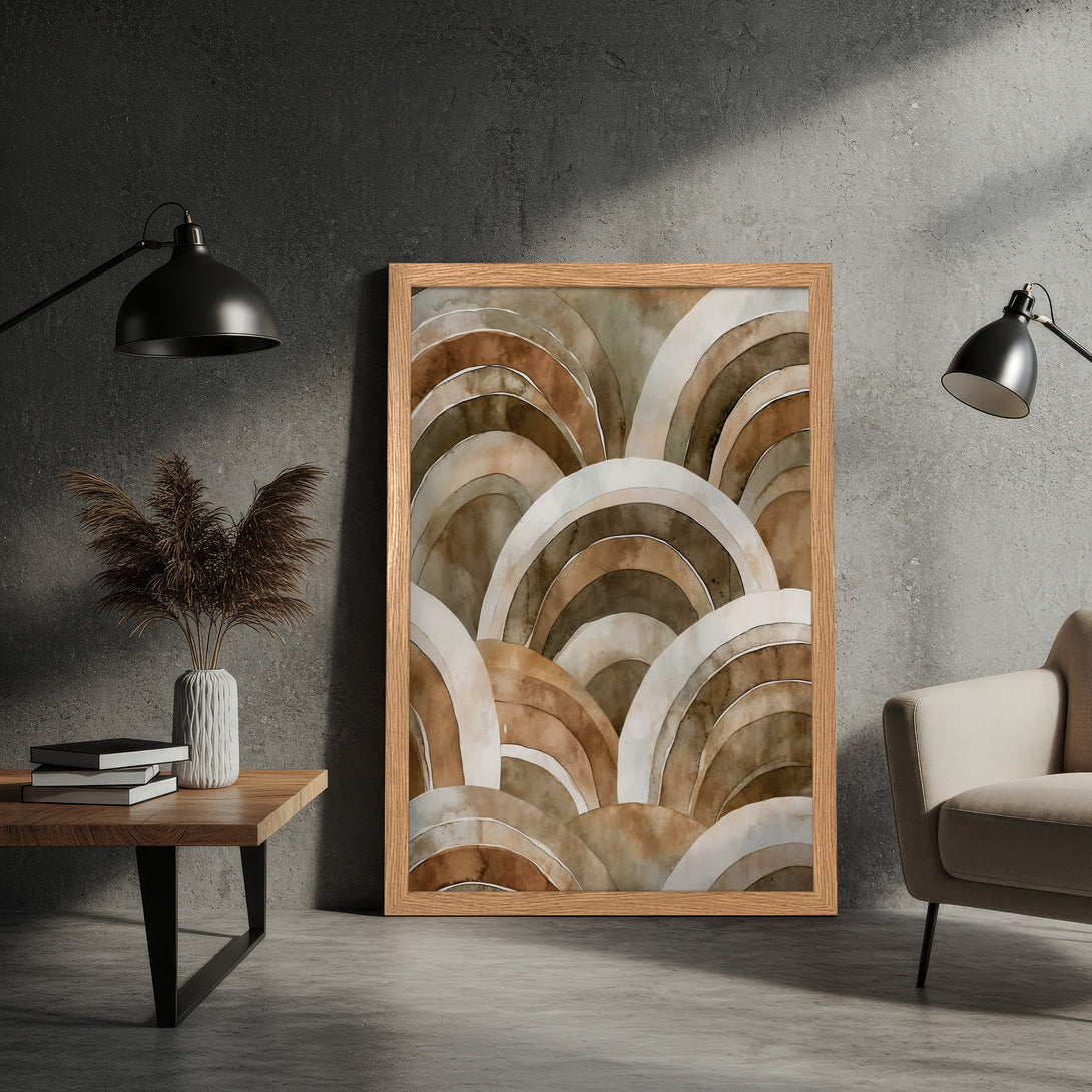 Framed Poster featuring abstract watercolor arches in warm earth tones. Perfect wall art for modern home decor.