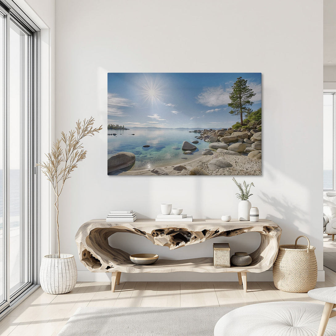 Framed Wall Art featuring a serene lake landscape with blue and turquoise hues, perfect for adding a touch of nature to your home decor.