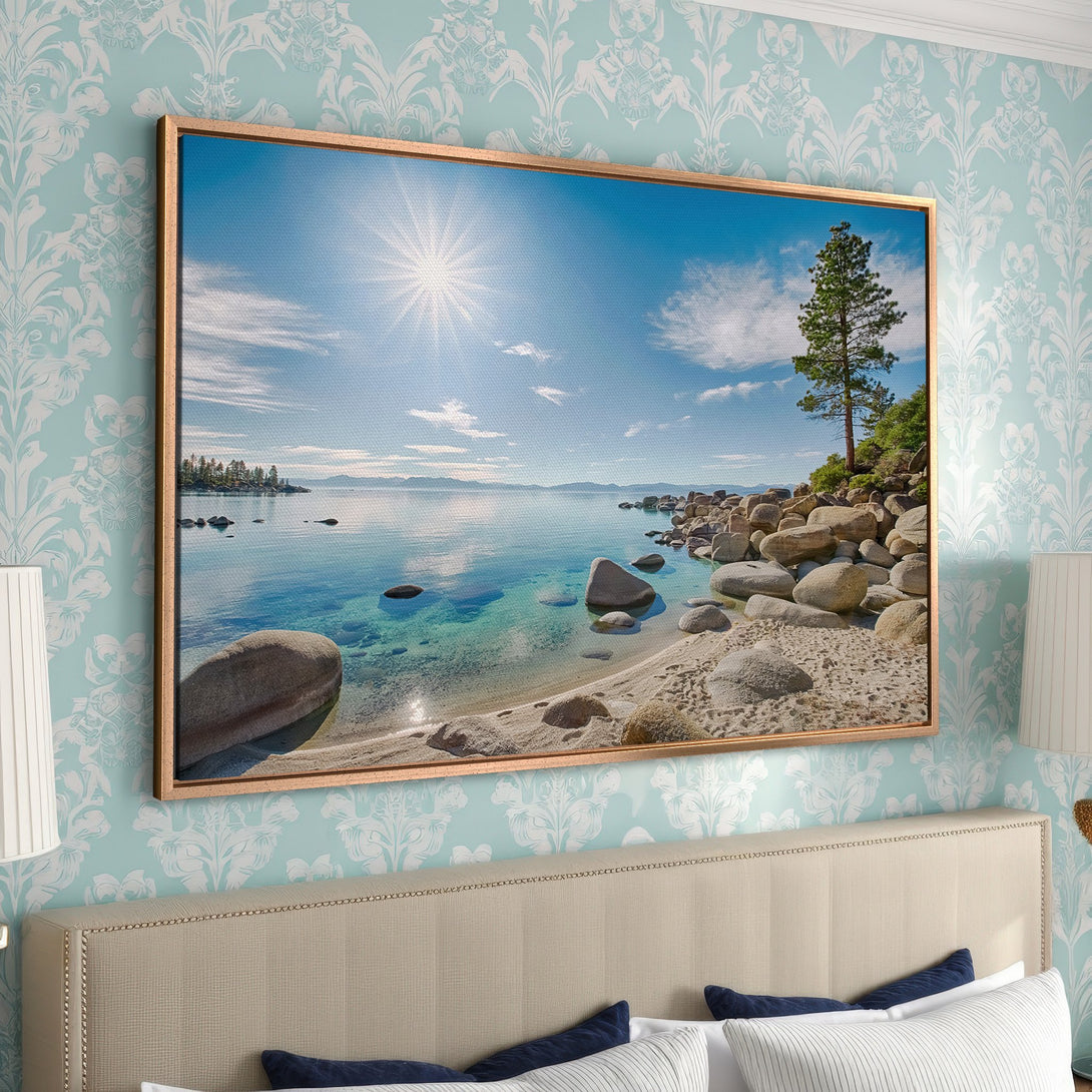 Framed Wall Art: Serene lake landscape Canvas Print in blue & gold tones. Perfect for adding a touch of nature & calm to any room. Shop now!