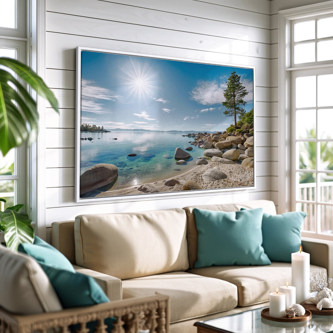 Framed Wall Art: Serene lake landscape Canvas Print with blue, beige, & green hues. Coastal decor for a calming interior.