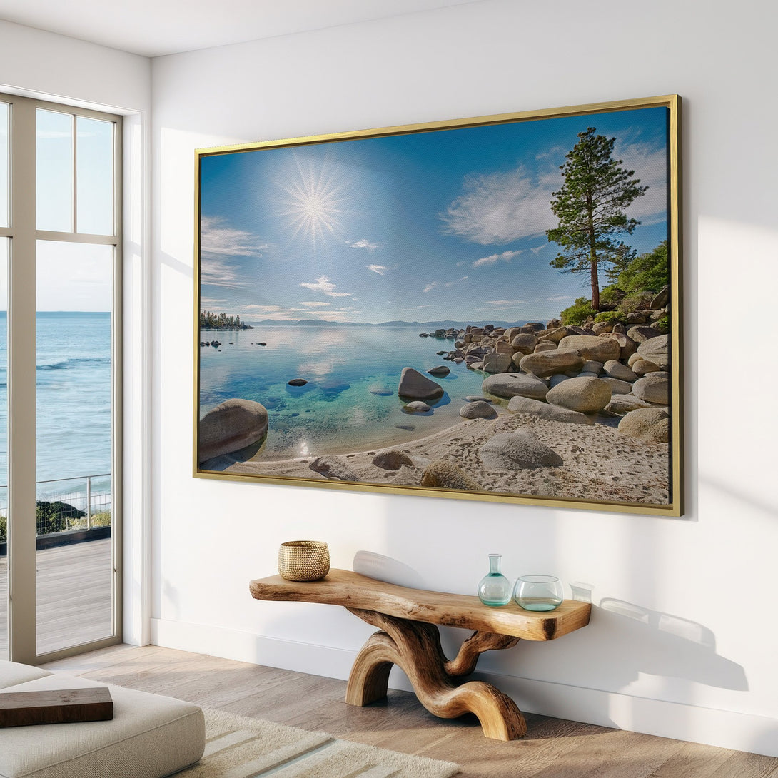 Canvas Print of a serene beach scene with blue skies and neutral tones, perfect for coastal decor.
