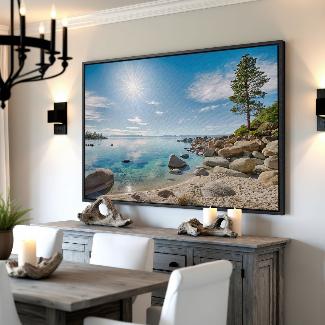 Framed Wall Art of a serene lake scene with blue, green, and beige hues. Coastal landscape Canvas Print adds a calming touch to any interior.