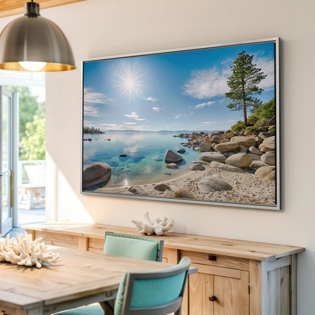 Framed Wall Art: Coastal landscape Canvas Print with blue, green, and sand tones. Bring the serene beach vibes to your home!