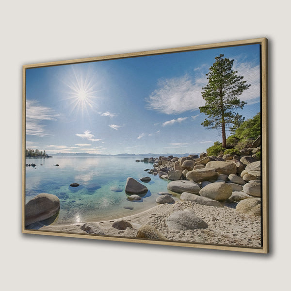 Framed Wall Art of a serene lake landscape with blue sky, turquoise water, and sandy beach. Coastal style, natural color palette.