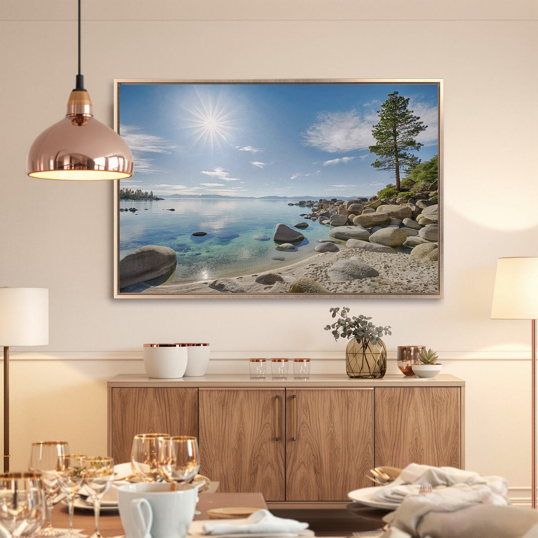 Framed Wall Art Canvas Print of a serene beach scene with blue water, sky, and a warm, neutral color palette. Perfect for adding a touch of nature.