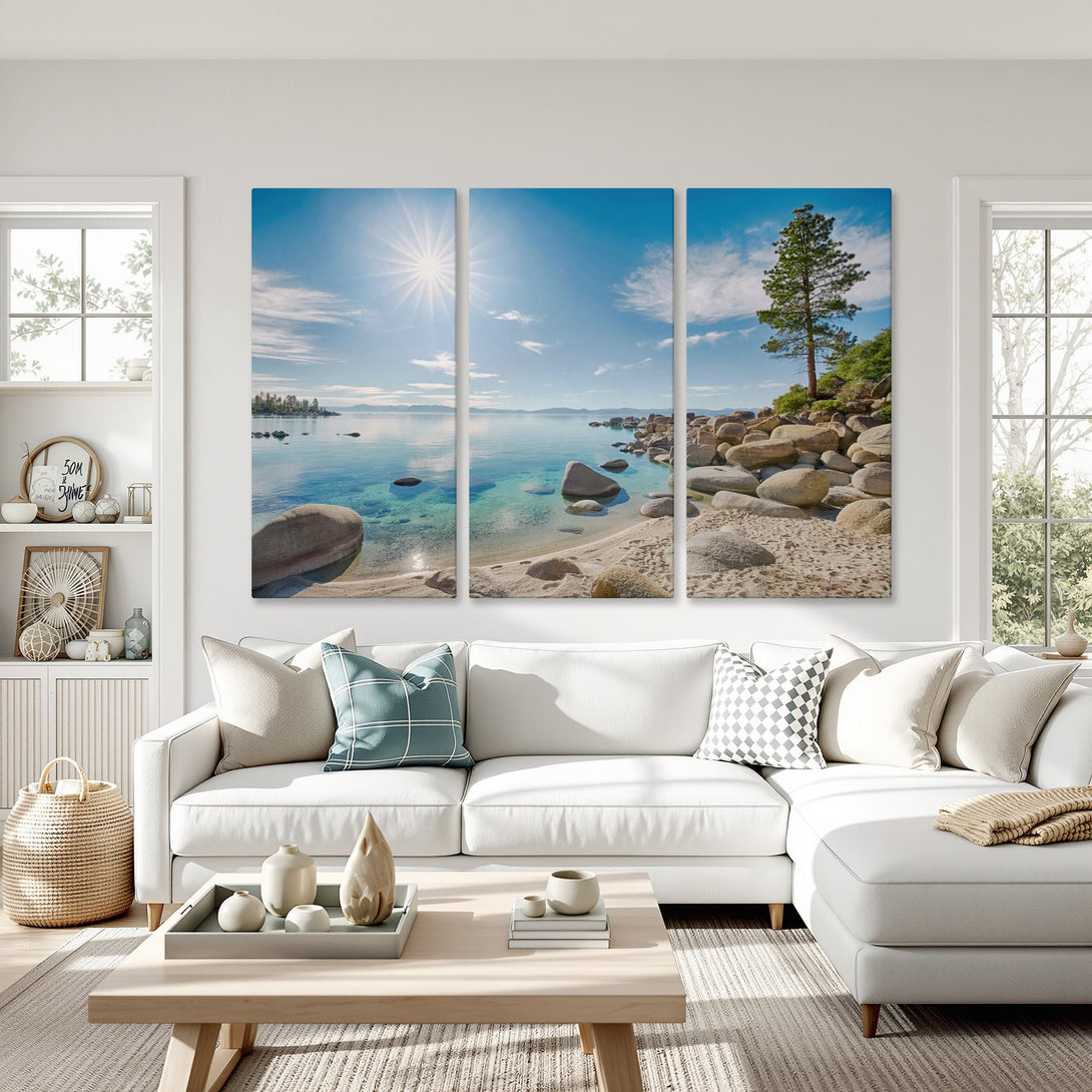 Canvas Print of a serene beach scene with blue water, sky, and neutral tones. Coastal wall art perfect for living room decor.