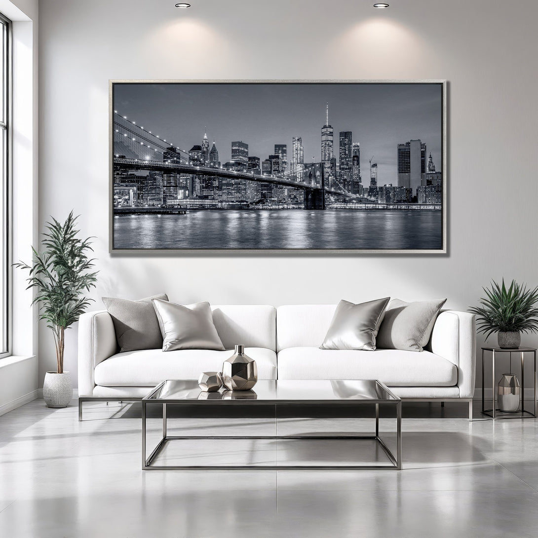 Framed Wall Art: Stunning black and white NYC skyline canvas print. Modern decor with a monochromatic color palette. Elevate your space!