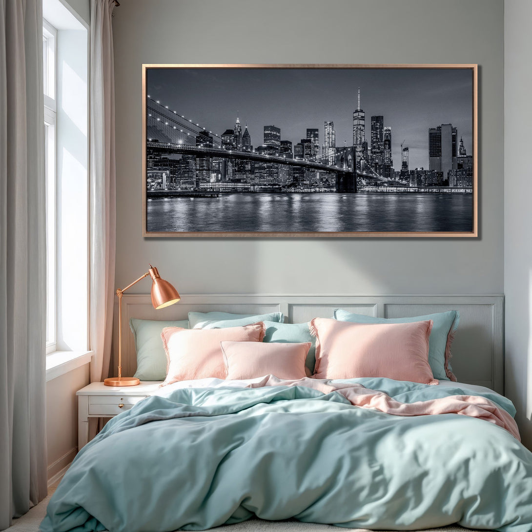 Framed Wall Art: Stunning black and white NYC skyline Canvas Print. Modern decor with a neutral palette, perfect for bedroom or living room.