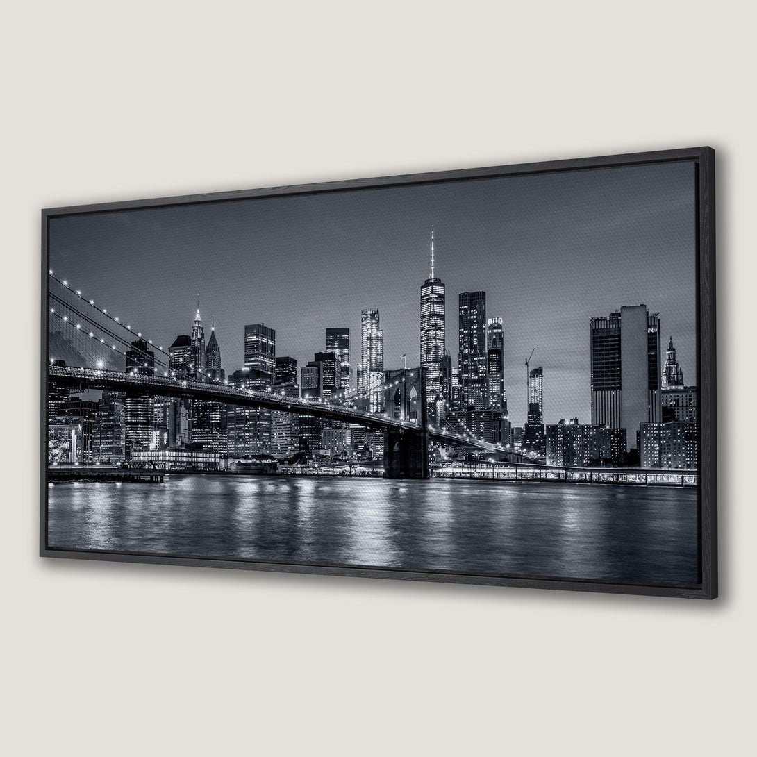 Framed Wall Art: NYC Brooklyn Bridge Canvas Print in a monochrome palette. Modern cityscape art for home decor.