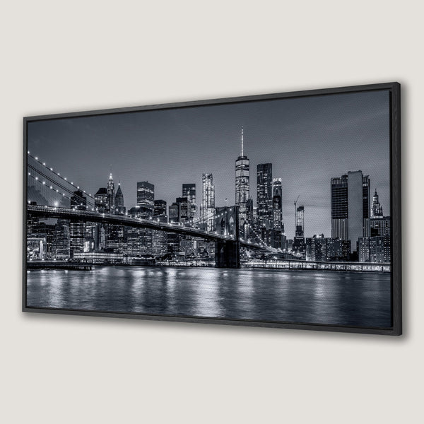 Framed Wall Art: NYC Brooklyn Bridge Canvas Print in a monochrome palette. Modern cityscape art for home decor.