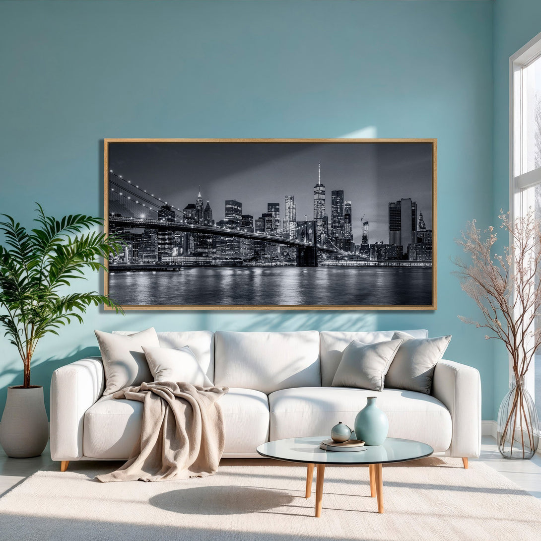 Framed Wall Art: Stunning black and white NYC skyline Canvas Print. Modern decor with a neutral color palette, perfect for any living room.