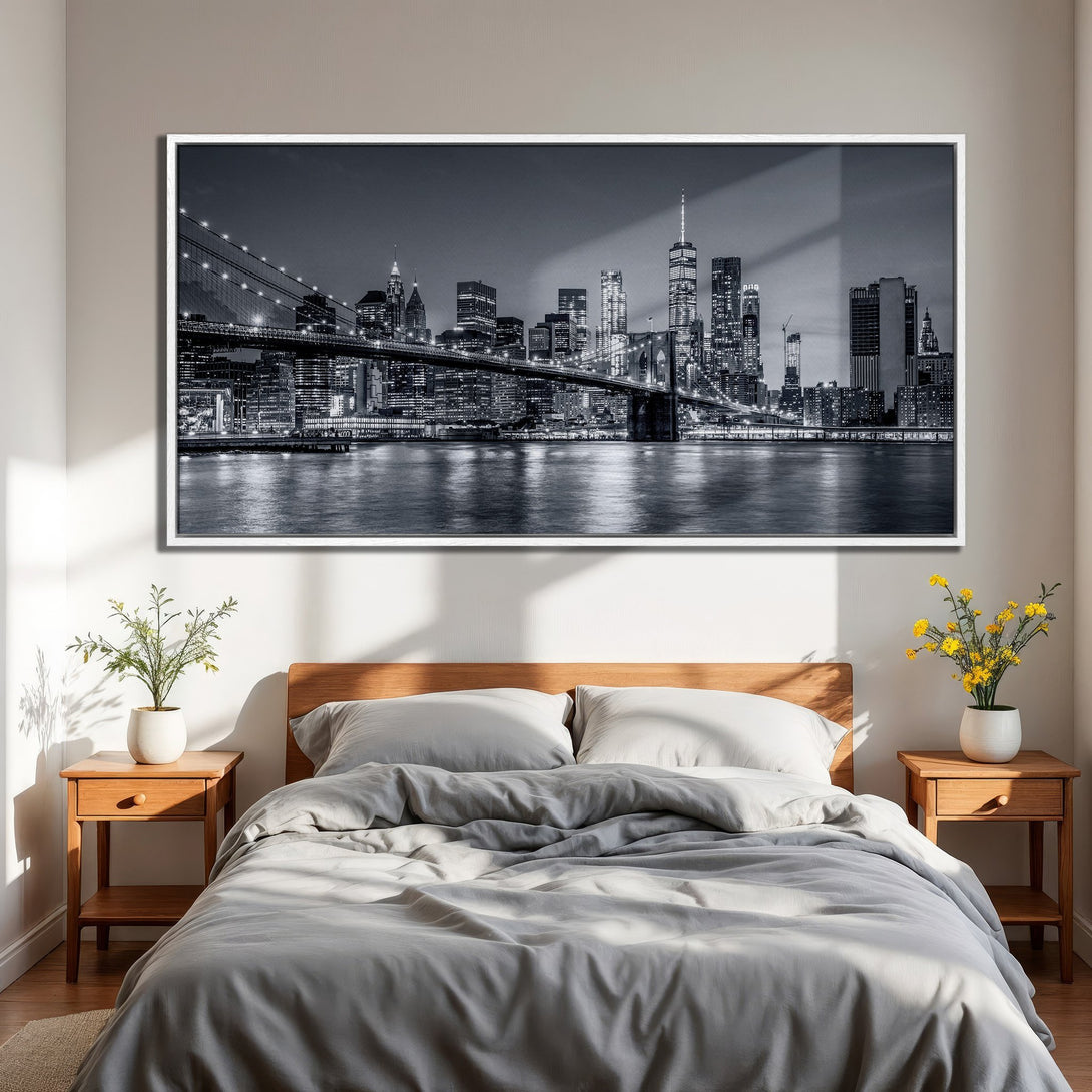 Framed Wall Art: Black & white NYC skyline Canvas Print. Modern cityscape art adds style to any bedroom. Monochrome art for your home decor.