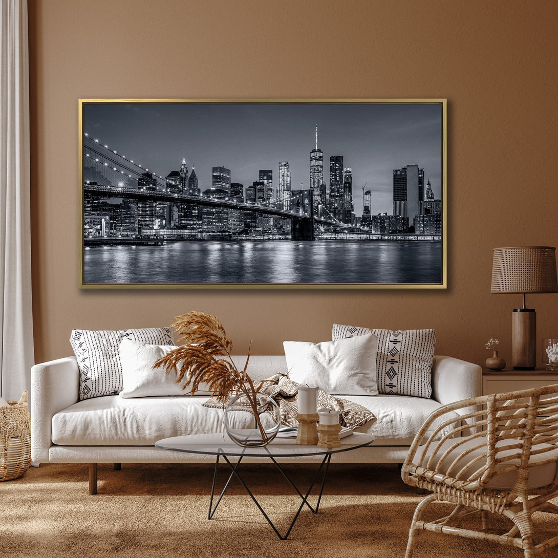 Canvas Print of NYC skyline in grayscale, modern wall art for living room. Black and white cityscape on canvas.