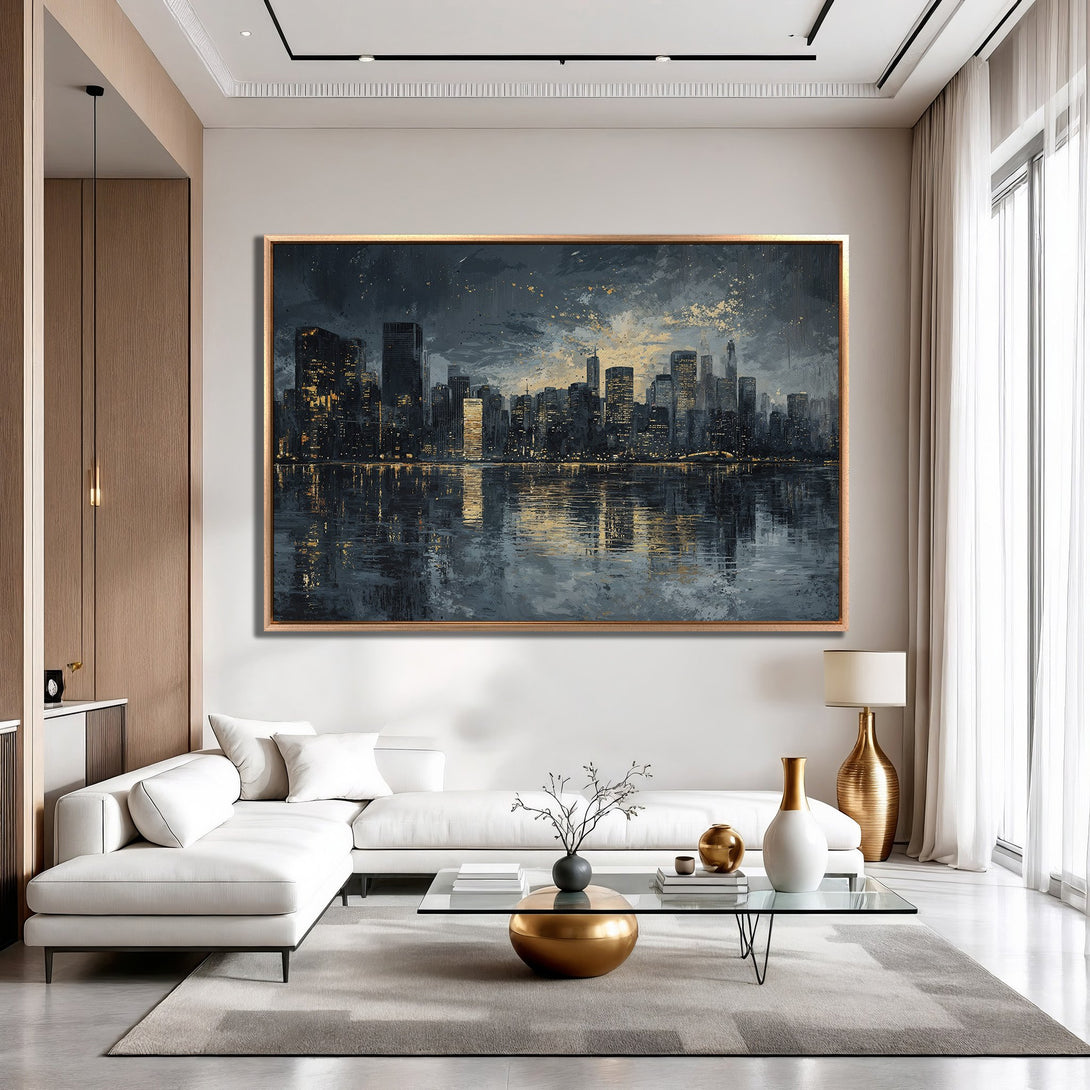 Framed Wall Art: Stunning cityscape Canvas Print in moody blue and gold tones. Perfect for modern living room decor. Elevate your space with this beautiful artwork.