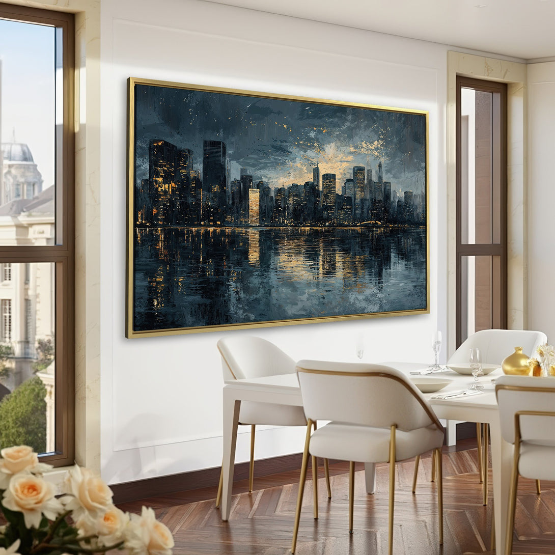 Canvas Print featuring a cityscape painting in moody, dark gray and gold tones. Modern wall art for a stylish interior.