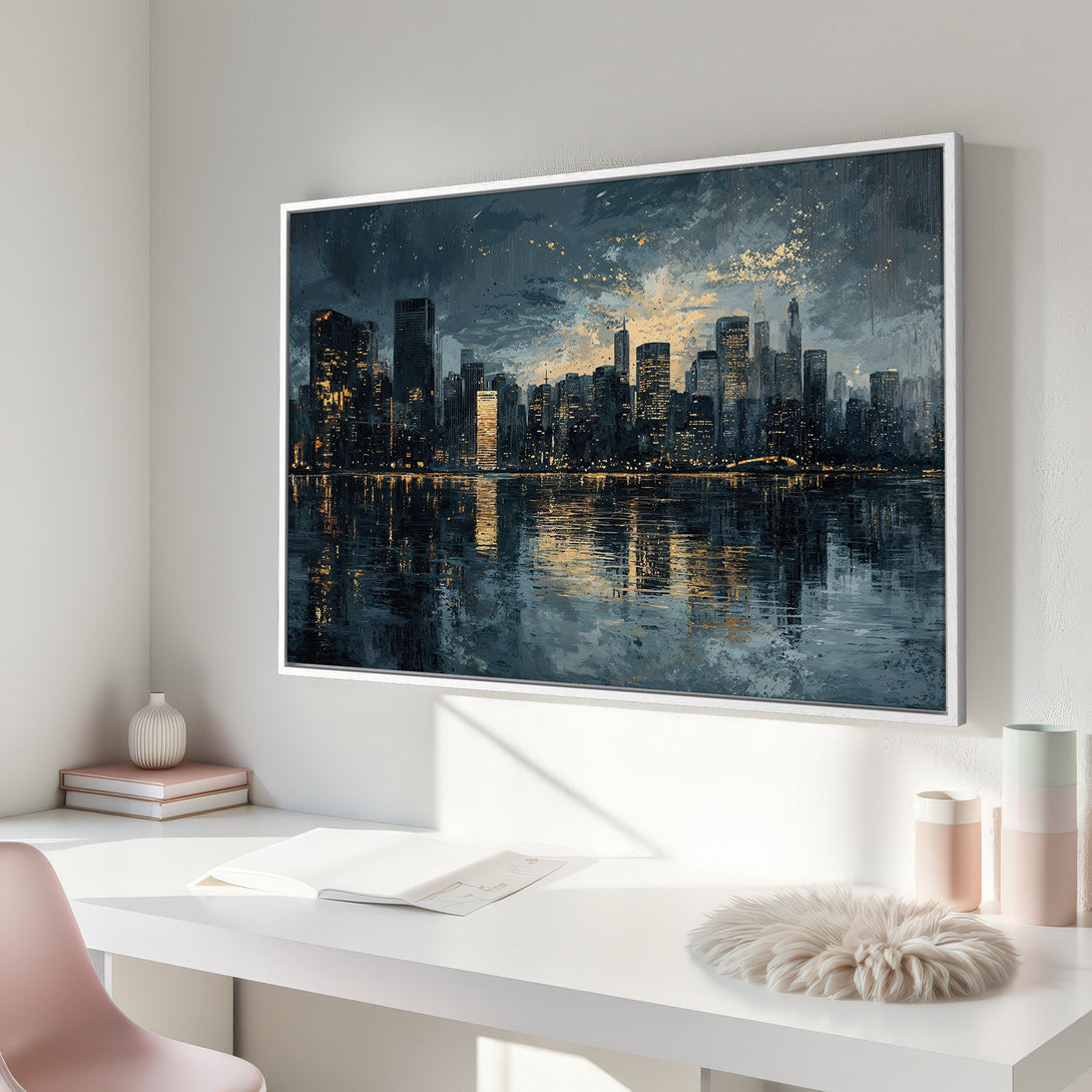 Framed Wall Art: Abstract cityscape Canvas Print in moody blues and golds. Modern art for home decor. Enhance your space with this stunning piece.