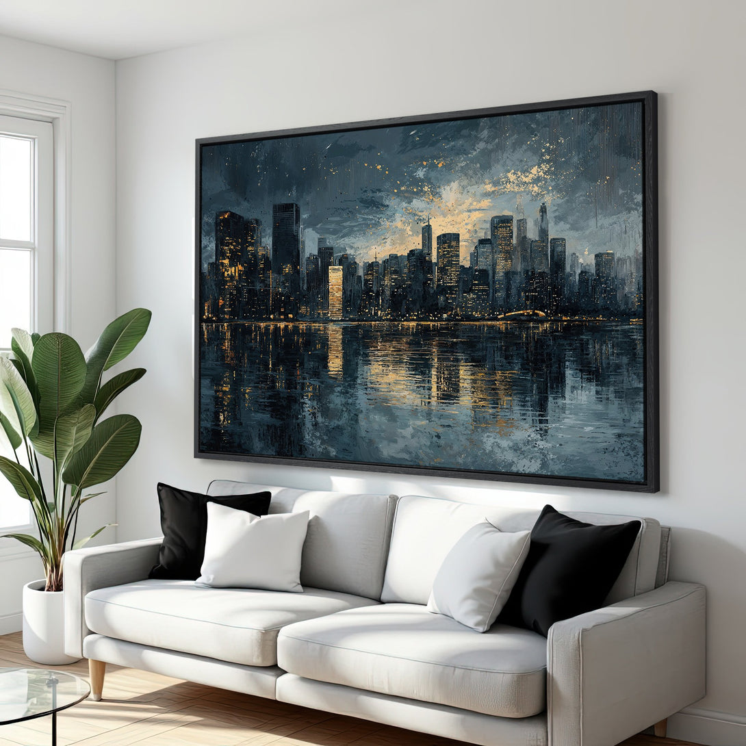 Framed Wall Art: Stunning cityscape Canvas Print in a modern interior. Features a moody blue, gold, and gray color palette. Elevate your space with this art piece.