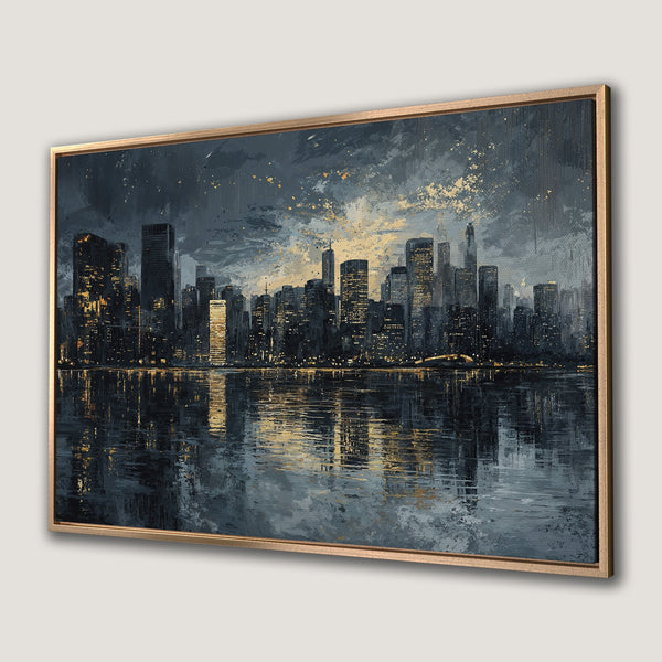 Framed Wall Art: Abstract cityscape Canvas Print in moody blues and gold. Modern art for your home decor.