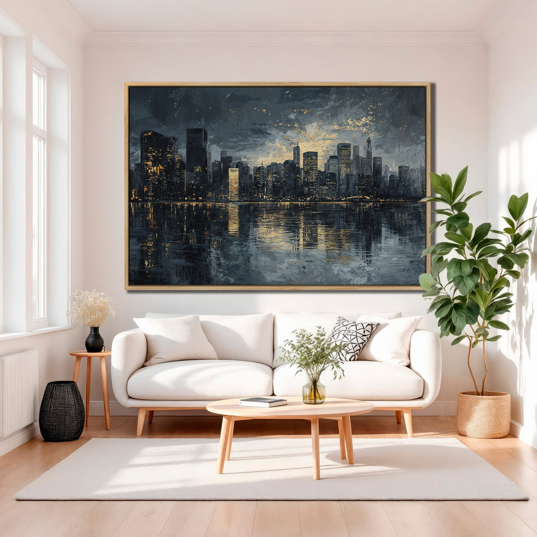 Framed Wall Art: Abstract cityscape Canvas Print in dark blue and gold tones. Modern artwork for living room decor.