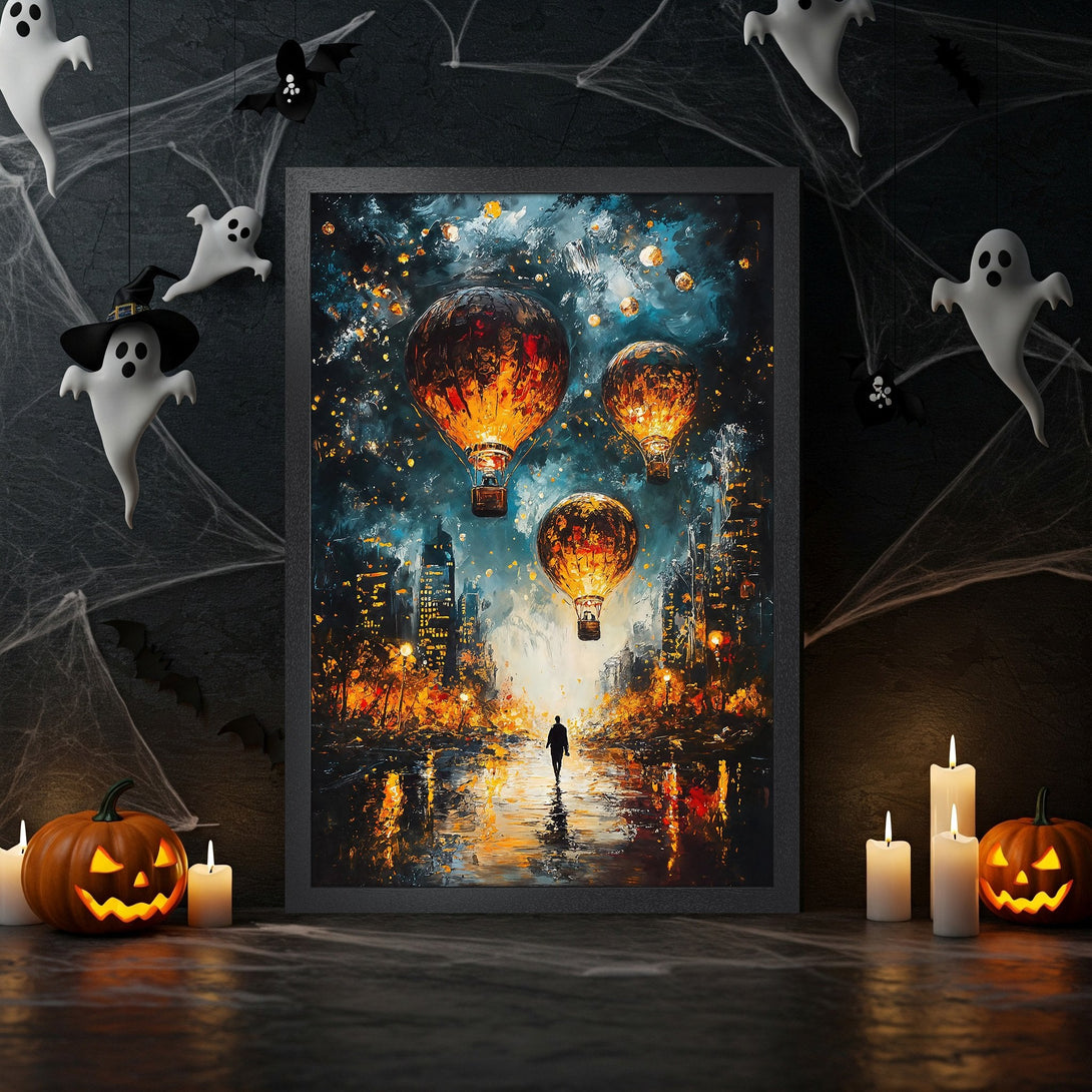 Framed Poster featuring a vibrant cityscape with hot air balloons, in an impressionistic style with a warm, orange and blue color palette.