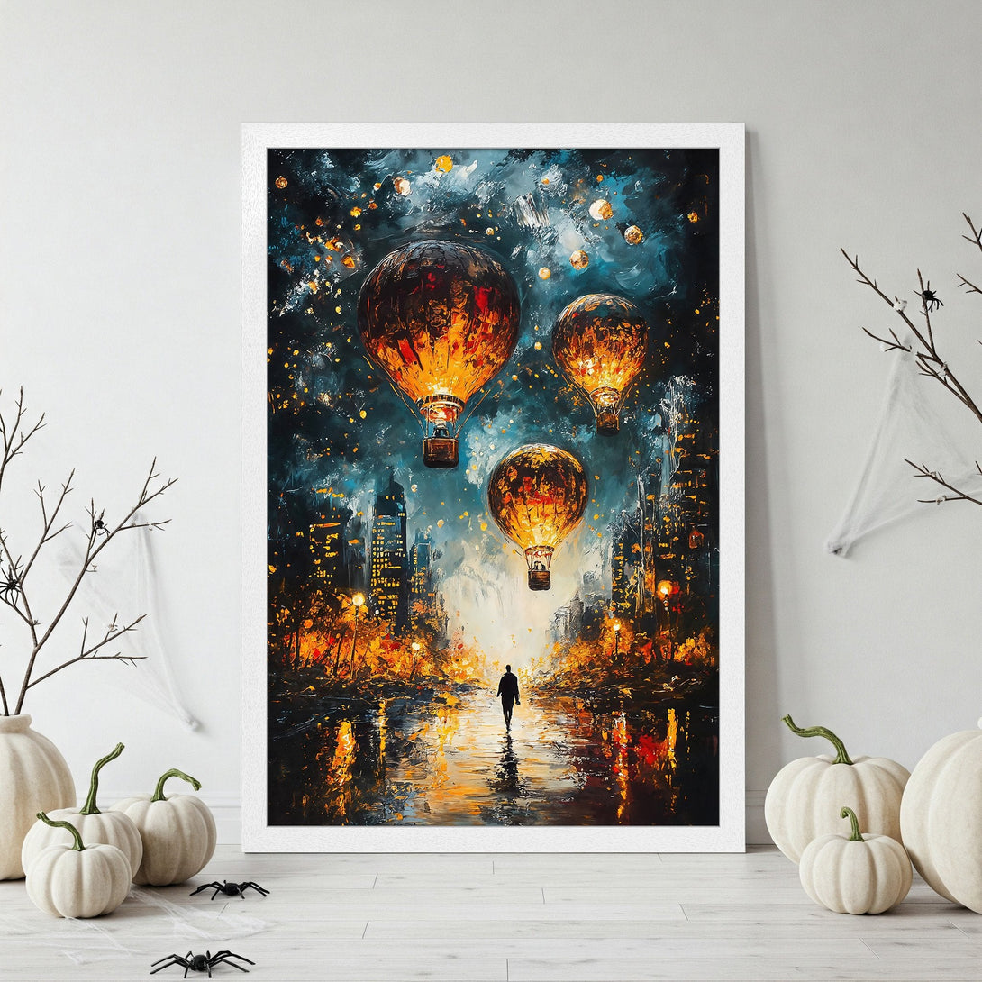 Framed Poster featuring hot air balloons over a city, painted in a dramatic style with a dark blue and orange color palette. A unique piece of art!