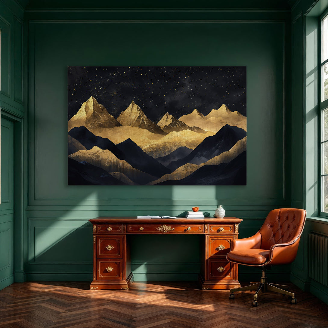 Framed Wall Art: Abstract mountain landscape in gold and navy, perfect for modern interior decor. Enhance your space with this stunning canvas print.