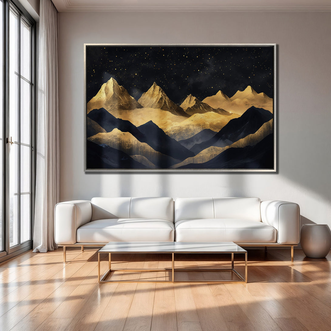 Framed Wall Art: Abstract mountain landscape Canvas Print in gold and navy, adding a touch of modern elegance to any living room.