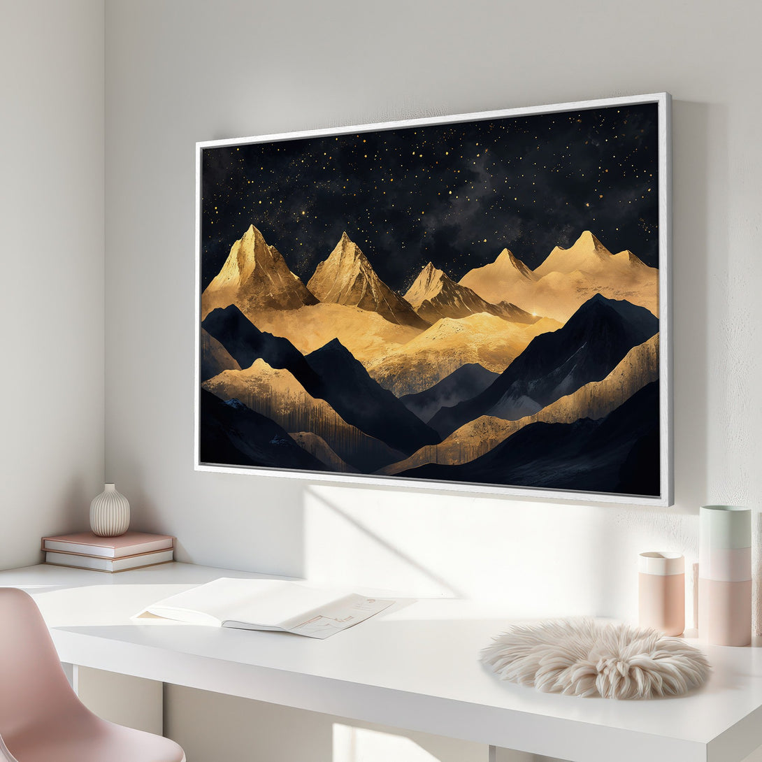 Framed Wall Art: Abstract mountain landscape canvas print in gold and navy blue, adding an elegant touch to any interior.