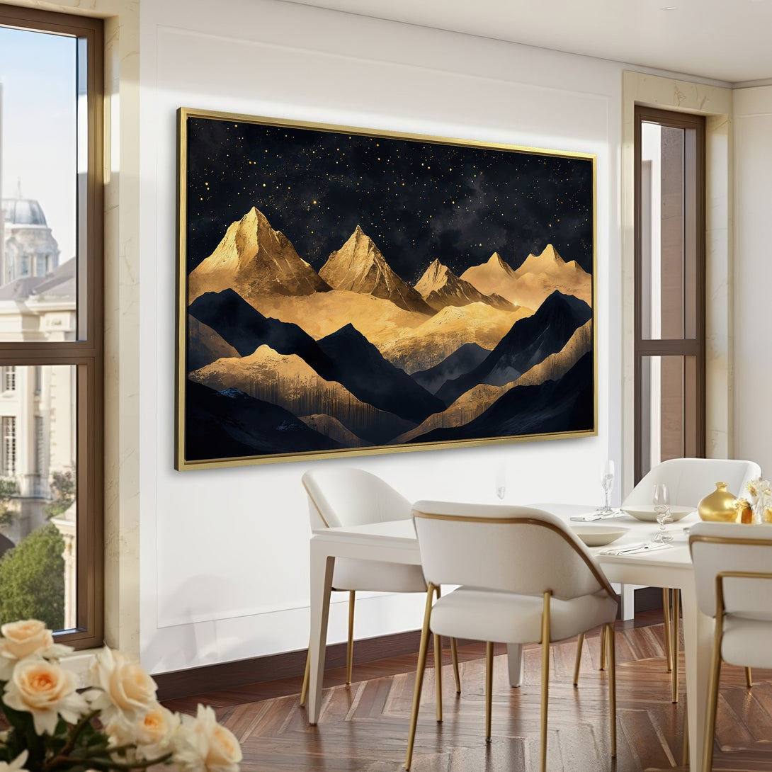 Canvas Print of a mountain landscape in gold and navy, displayed in a stylish interior. Perfect for adding elegance to your home decor.